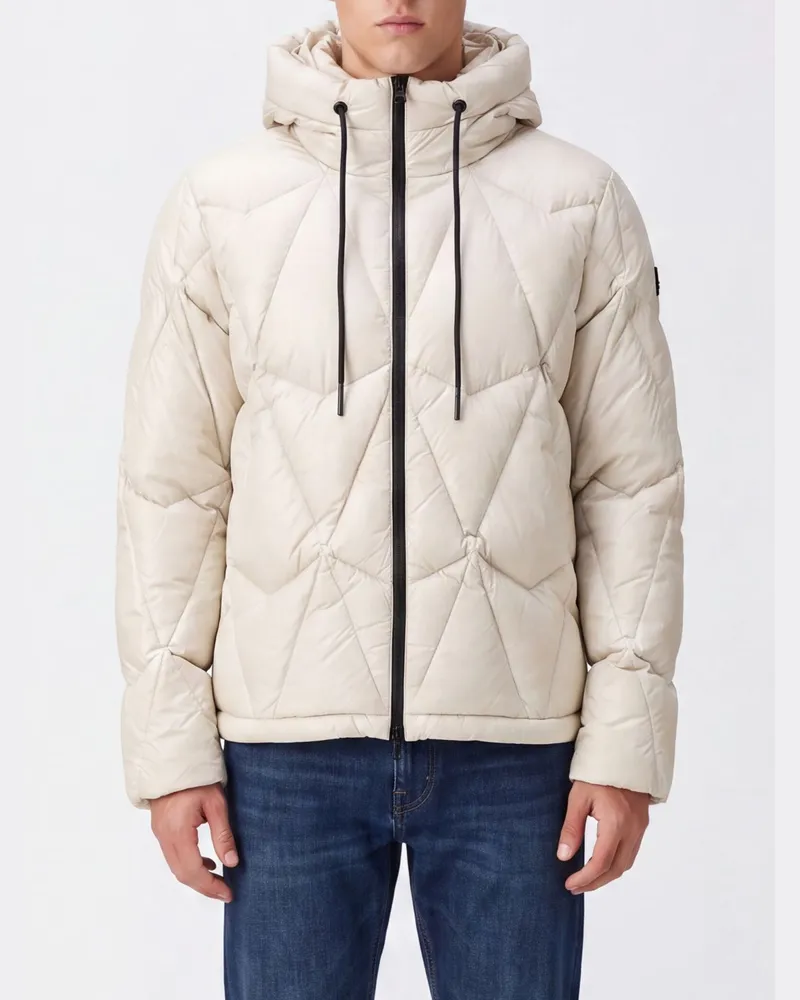 Moose Knuckles Kurze Daunenjacke aus gestepptem Nylon mit Kapuze und Logo-Patch Cream