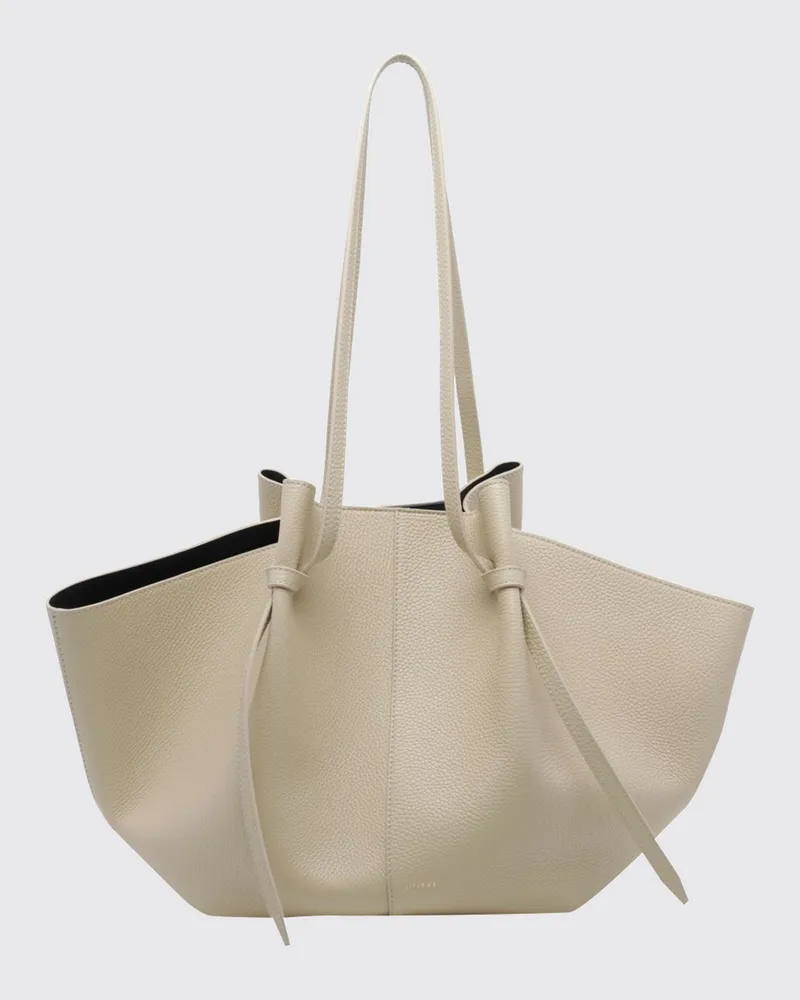 YUZEFI Große Mochi Schultertasche aus genarbtem Kalbsleder mit doppeltem Henkel Beige