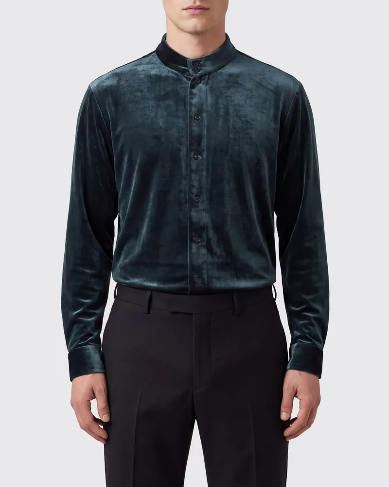 Giorgio Armani Hemd aus Seiden- und Viskosesamt mit Mandarinkragen Teal