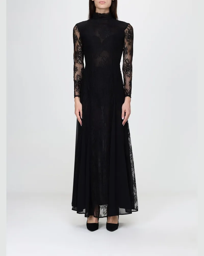 Hanita Langes Abendkleid aus Spitze mit Stehkragen und langen Ärmeln Schwarz
