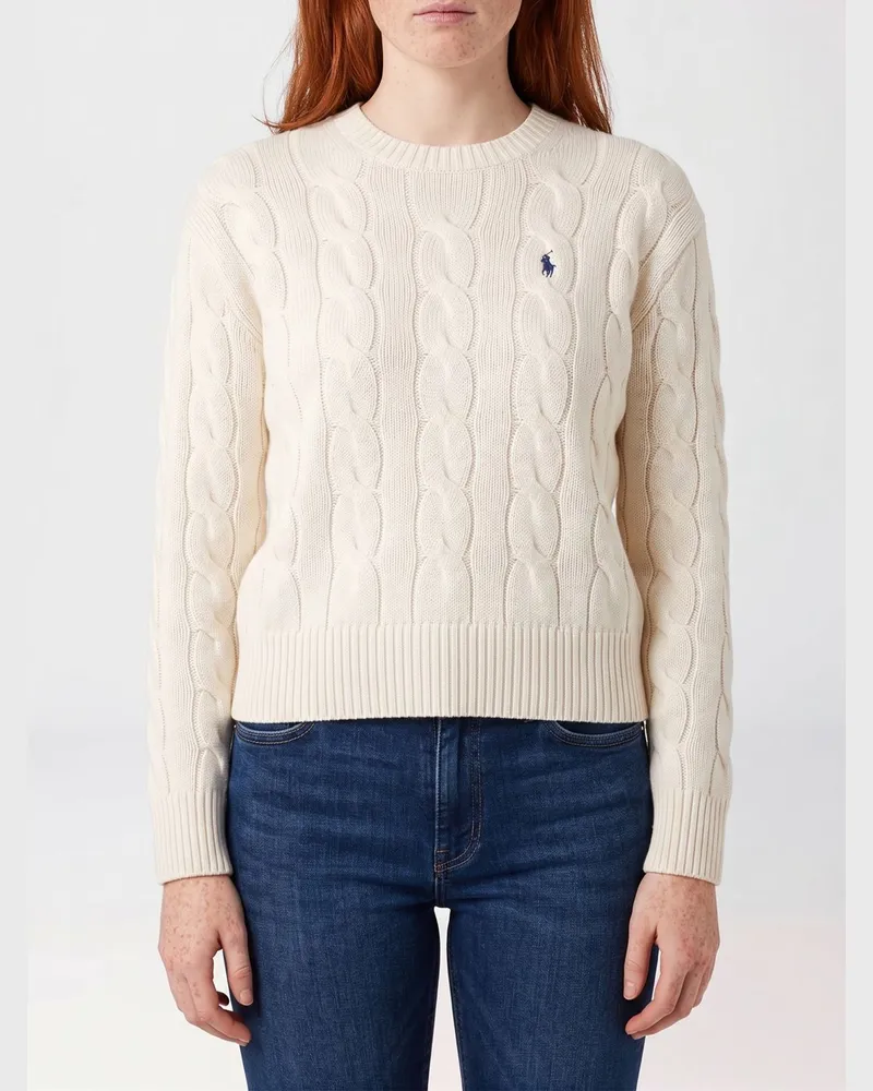 Ralph Lauren Wollpullover mit Zopfmuster und gesticktem Pony-Logo Weiß