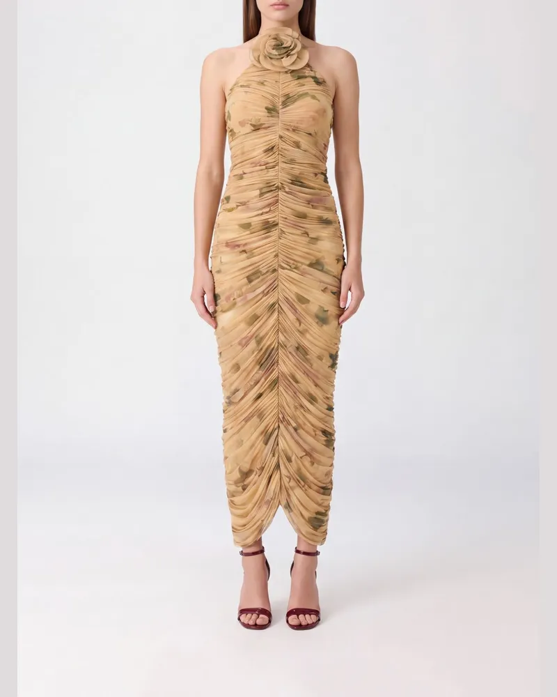 Magda Butrym Drapiertes Jersey-Etuikleid in Midilänge mit 3D-Blumenapplikation Beige