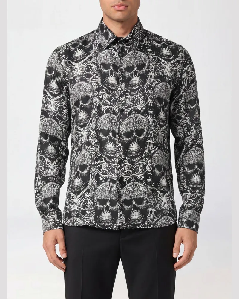 Philipp Plein Slim-Fit-Hemd aus Seide mit grafischem Allover-Skull-Print Schwarz
