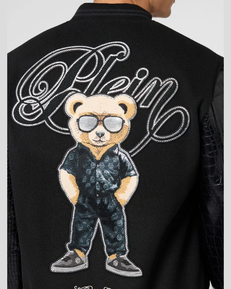 Philipp Plein Varsity Teddy Racer Bomberjacke mit Logo Schwarz