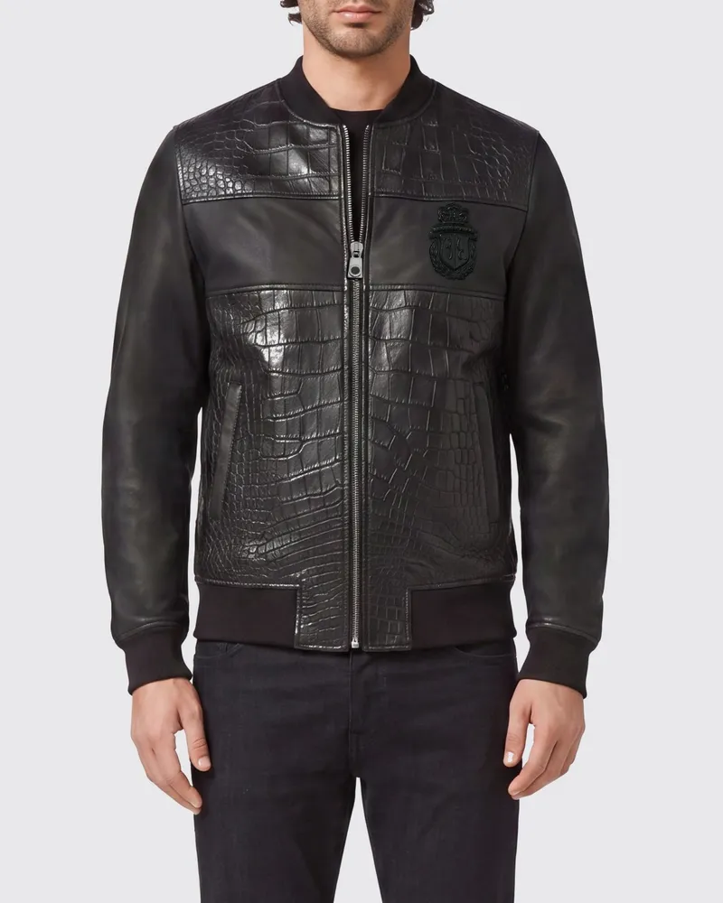 Billionaire Bomberjacke aus Krokodil- und Nappaleder mit Wappen-Logo Schwarz