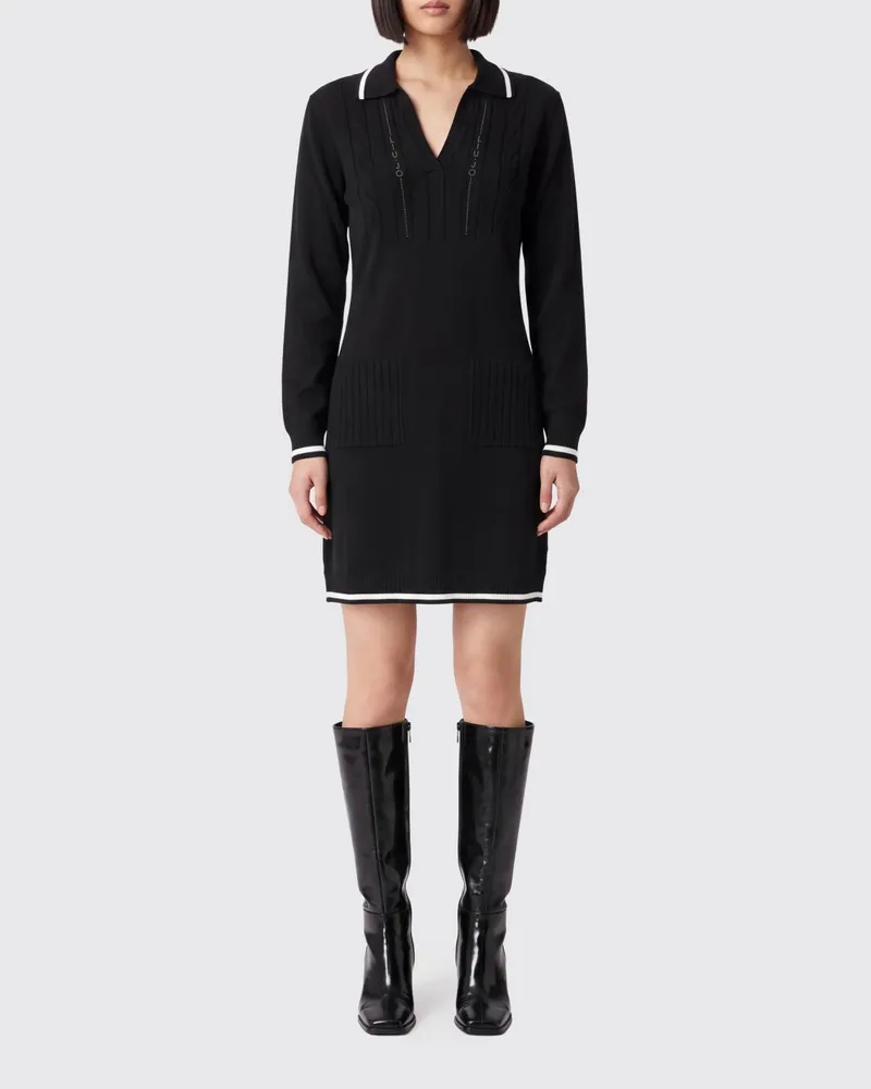 Liu Jo Geripptes Strick-Polokleid mit Strass-Logo Schwarz