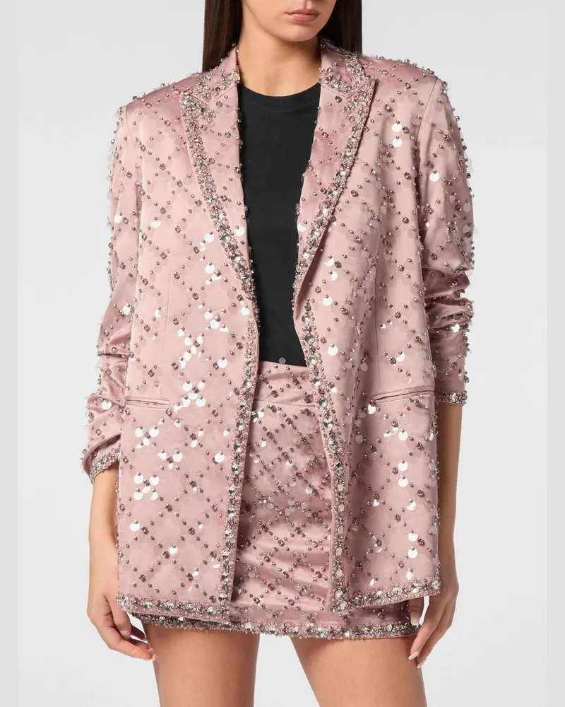 Philipp Plein Kurzer Crêpe-Blazer mit steigendem Revers und Strass-Logo Pink