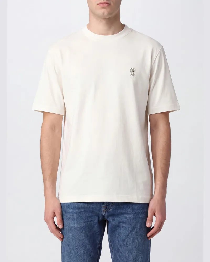 Brunello Cucinelli Baumwoll-T-Shirt mit Rundhalsausschnitt und Kontrastlogo Weiß