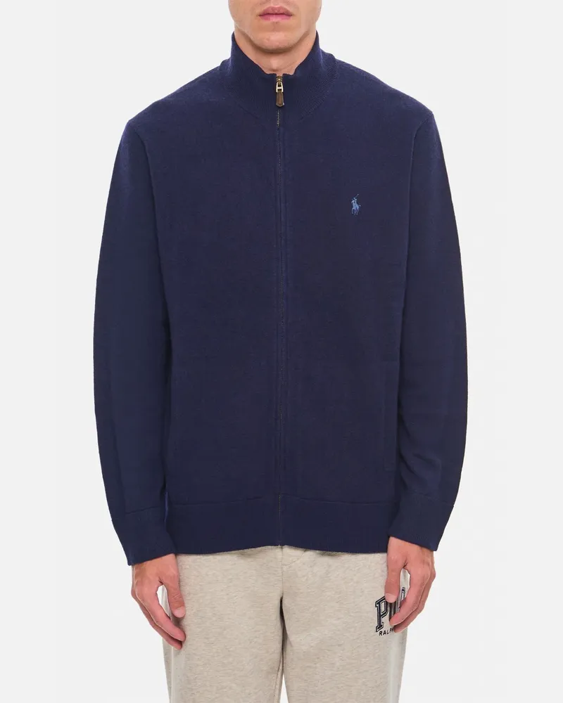Ralph Lauren Strickjacke aus reiner Wolle mit Rollkragen und Reißverschluss Blau
