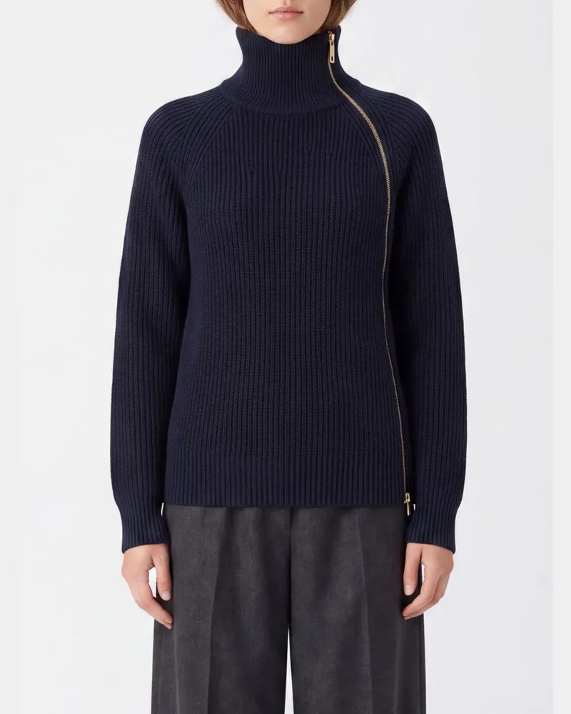 Liu Jo Gerippter Rollkragenpullover aus Wollmischung mit versetztem Reißverschluss Blau