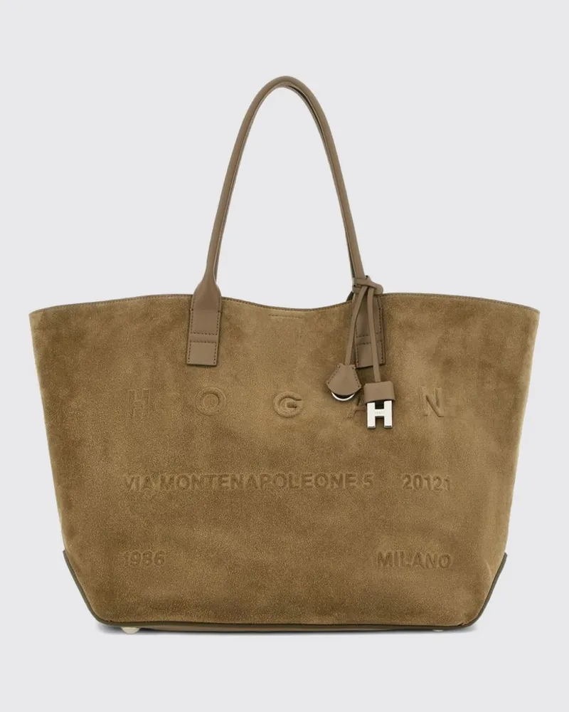 Hogan Tote-Tasche aus Velourskalbsleder mit doppeltem Griff und Innentasche Braun