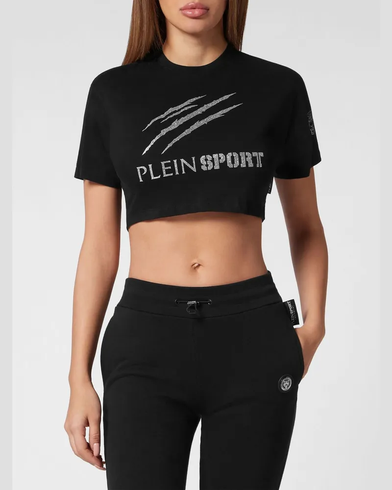 Philipp Plein Gekürztes Baumwoll-T-Shirt mit kontrastierendem Glitzer-Logo Schwarz