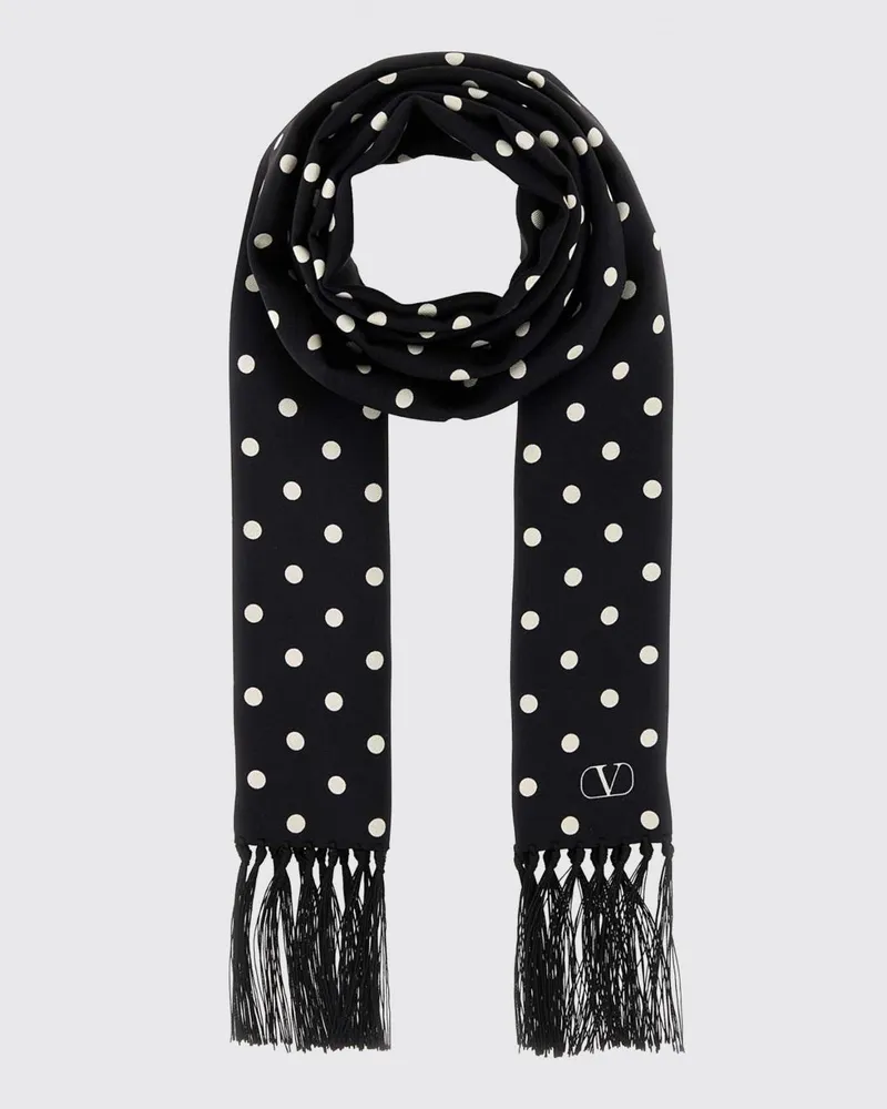 Valentino Garavani Baumwollschal mit VLogo-Monogramm, Polka-Dots und Fransenrändern Schwarz