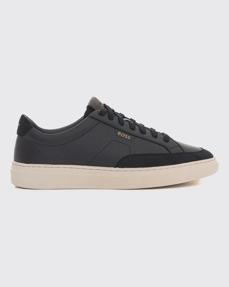 HUGO BOSS Kieran Low-Top-Sneaker aus genarbtem Leder mit Logo-Print Blau