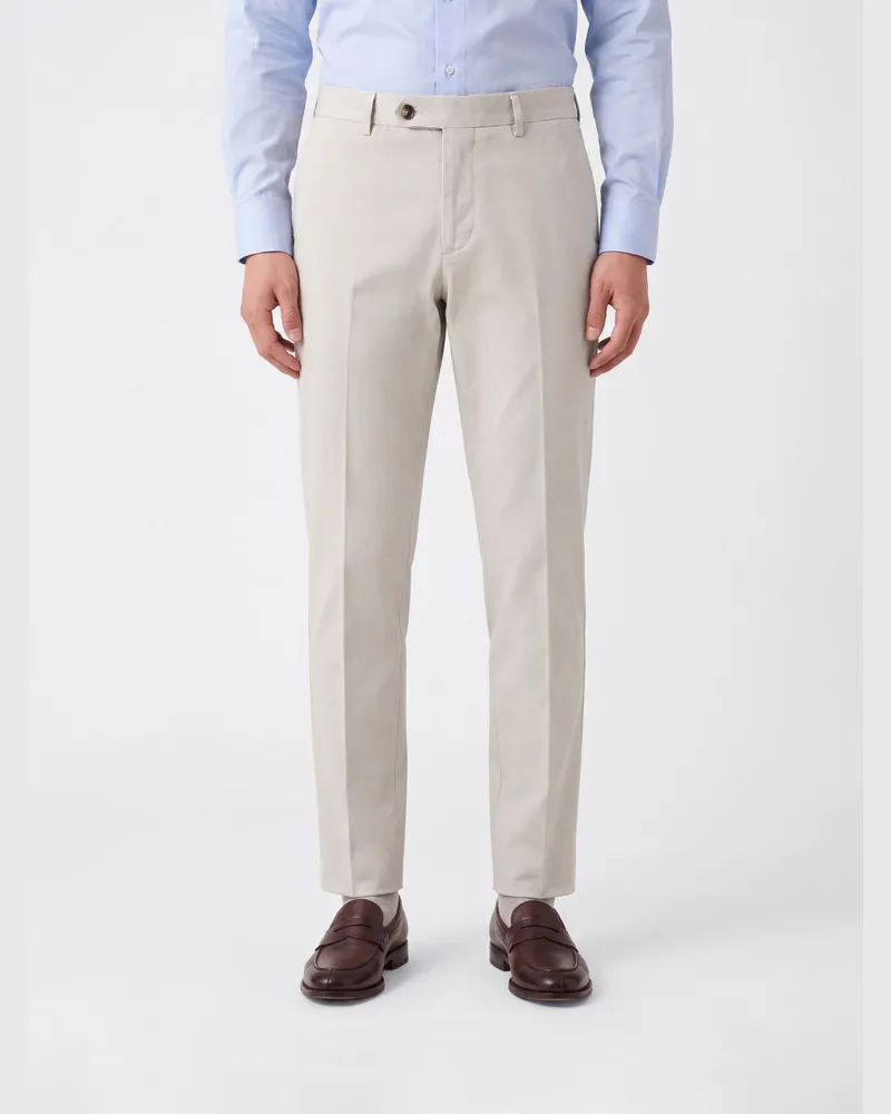 Brunello Cucinelli Maßgeschneiderte Slim-Fit-Baumwollhose mit versetztem Verschluss Weiß