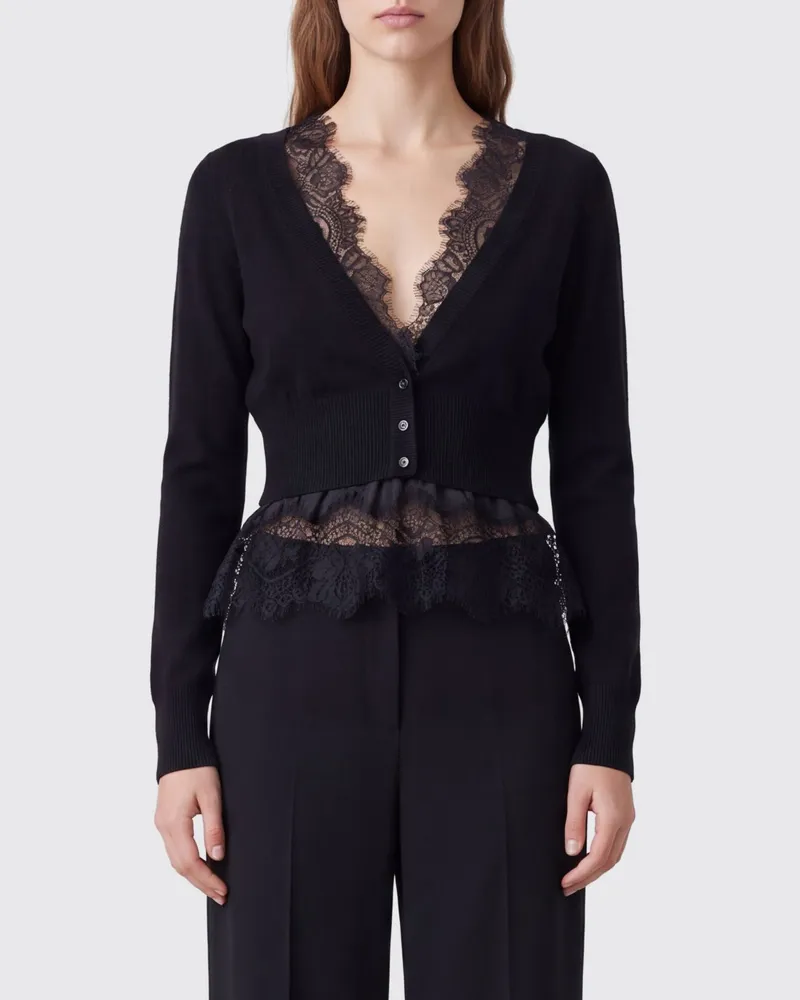 Ermanno Scervino Slim Fit Kaschmir-Cardigan von mit V-Ausschnitt und Spitzeneinsätzen Schwarz