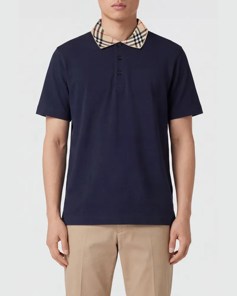 Burberry Kurzärmeliges Baumwoll-Poloshirt mit Kragen im Karomuster Navy