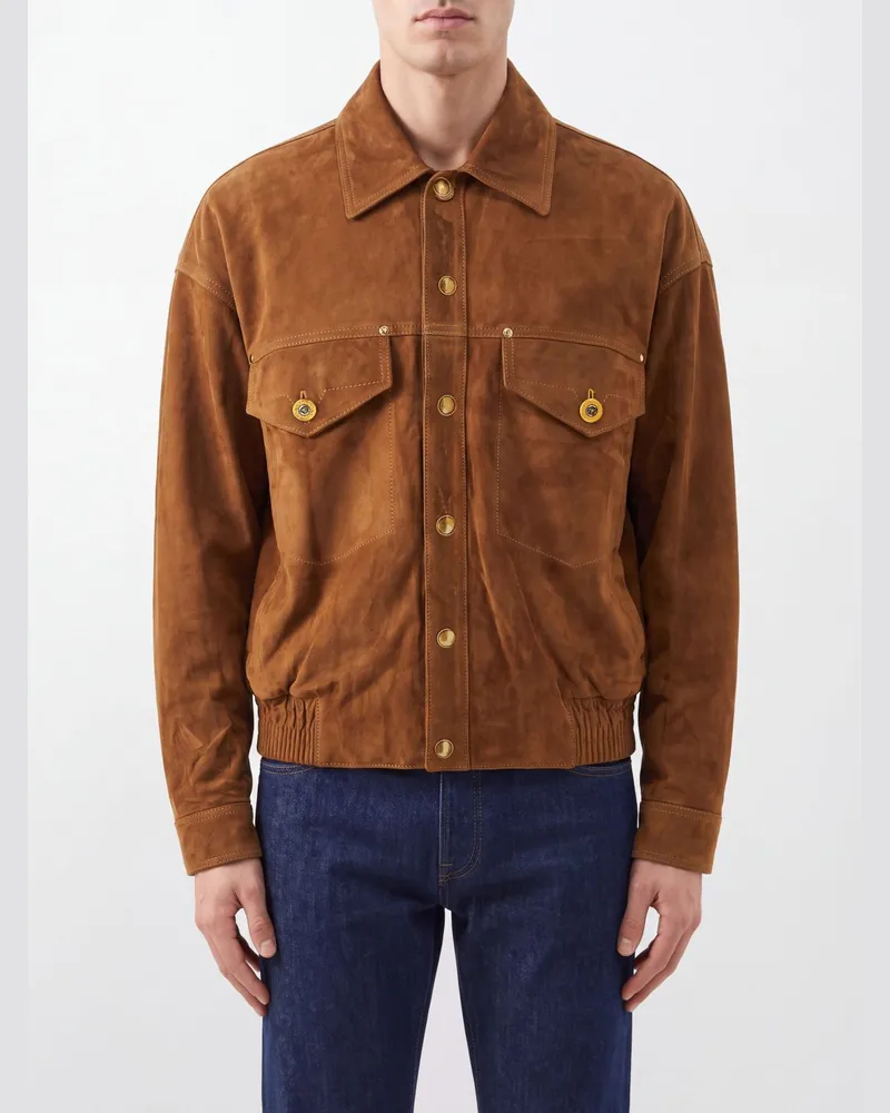 Versace Bomberjacke aus Wildleder im Hemdenstil mit elastischem Saum Braun