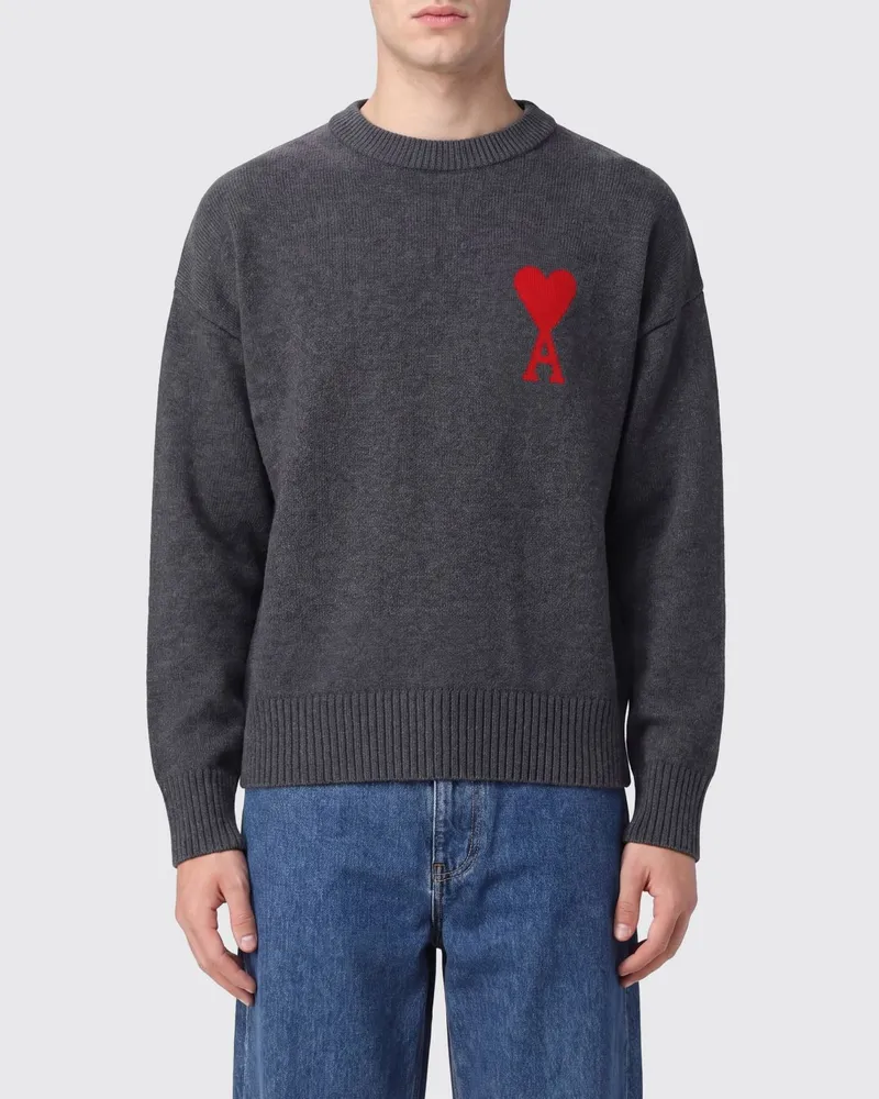 AMI Paris Wollpullover mit Rundhalsausschnitt von mit Kontrastlogo Grau