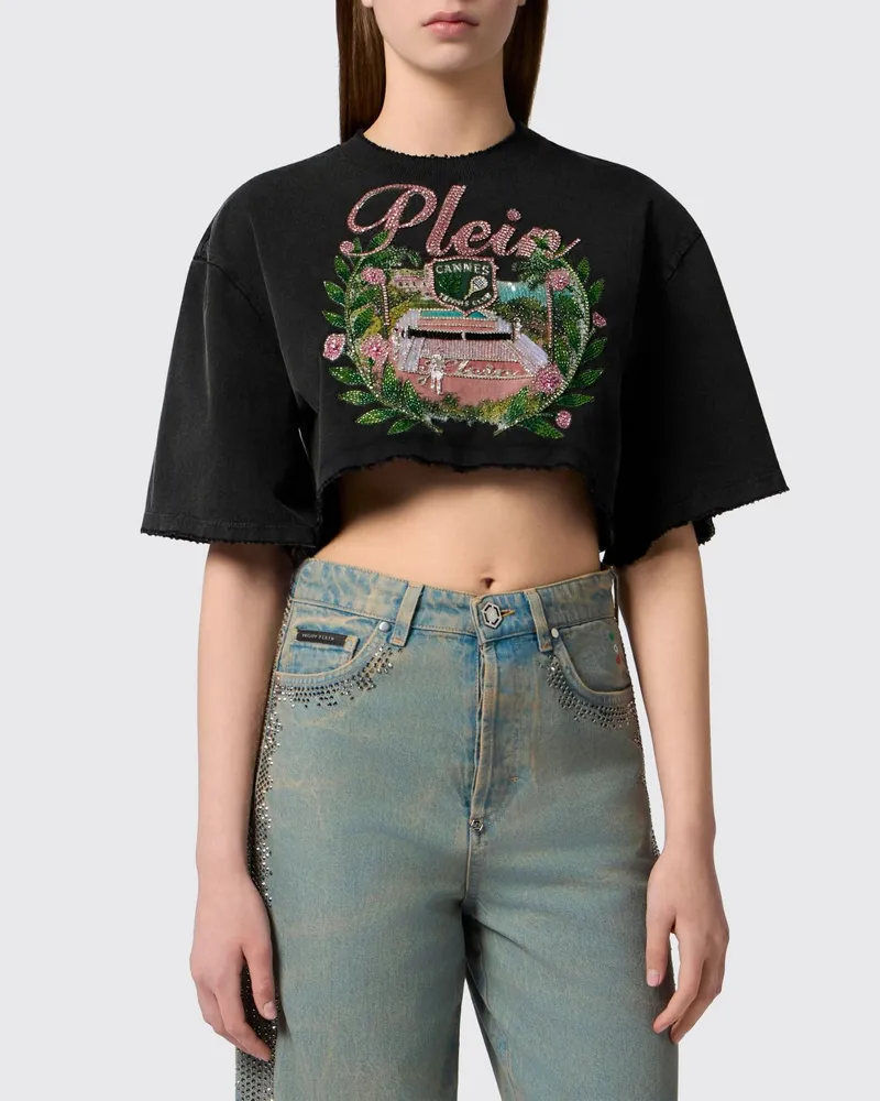 Philipp Plein Cropped T-Shirt aus Baumwolle mit Jacquard-Logo und Fransen-Saum Schwarz