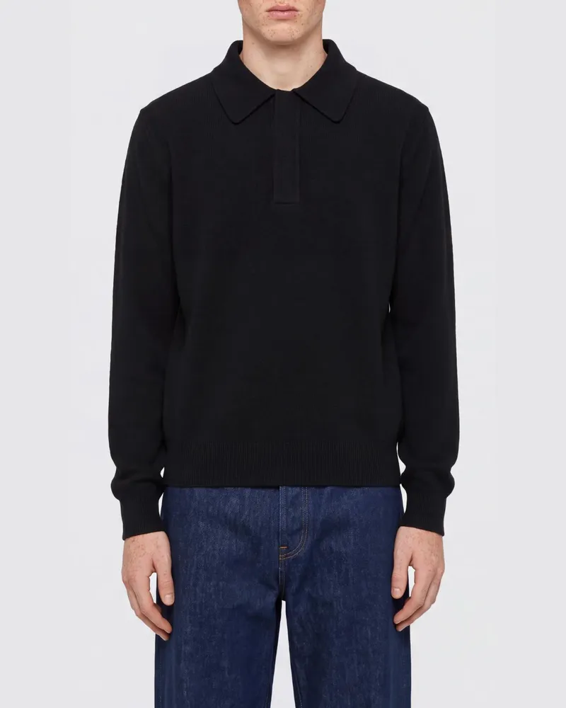 Jil Sander Langärmeliges Strick-Polo aus Wolle mit verdeckter Knopfleiste Schwarz