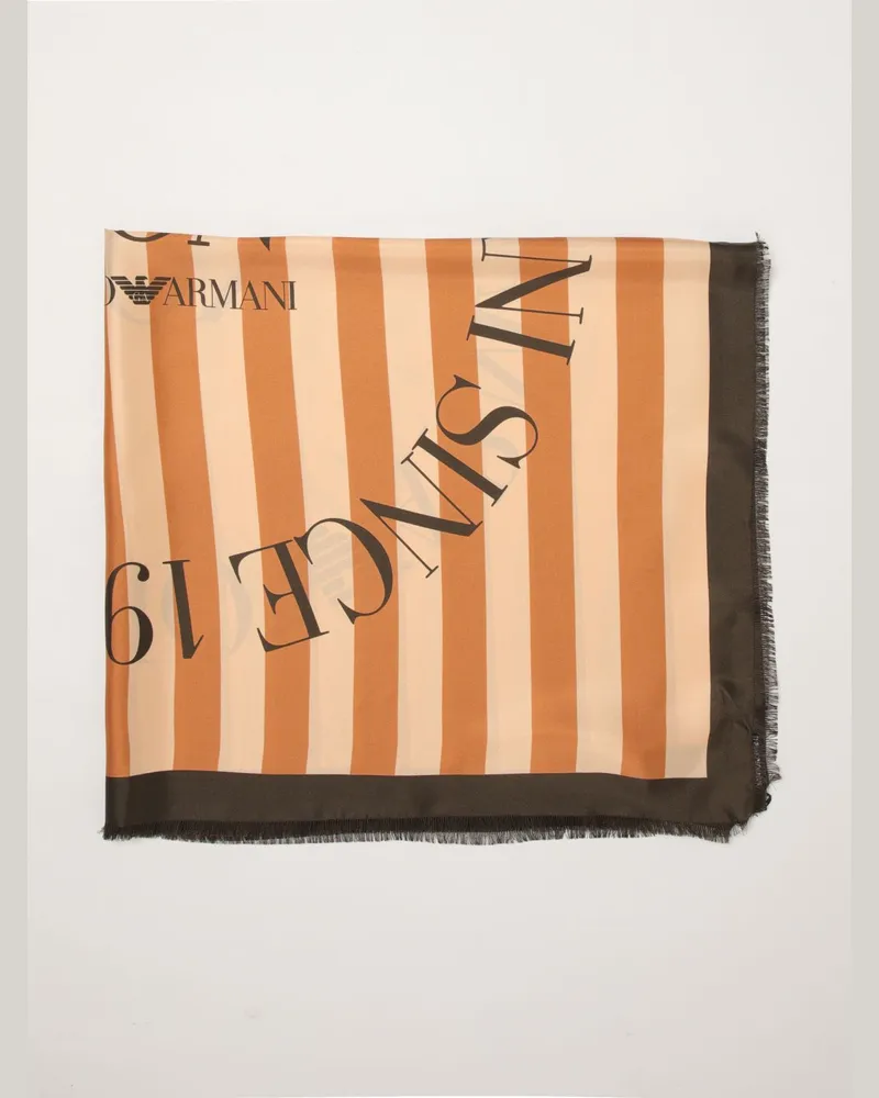 Emporio Armani Gestreifter Seidenschal mit Logo-Print und Fransenrändern Pink