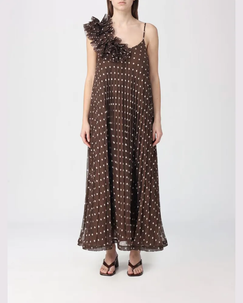 P.A.R.O.S.H. A-Linien-Midi-Kleid P.A.R.O H. aus Crêpe mit Rüschen und Polka-Dot-Stickerei Braun