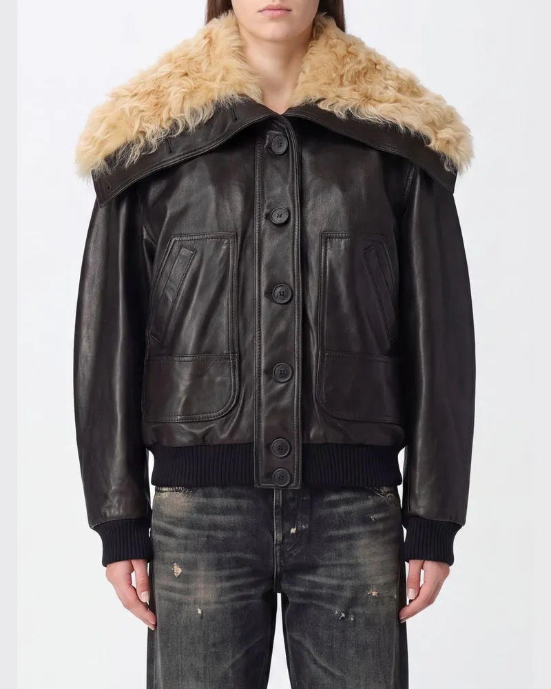 ATTICO Bomberjacke aus Shearling in Relaxed Fit mit Pelzkragen Schwarz