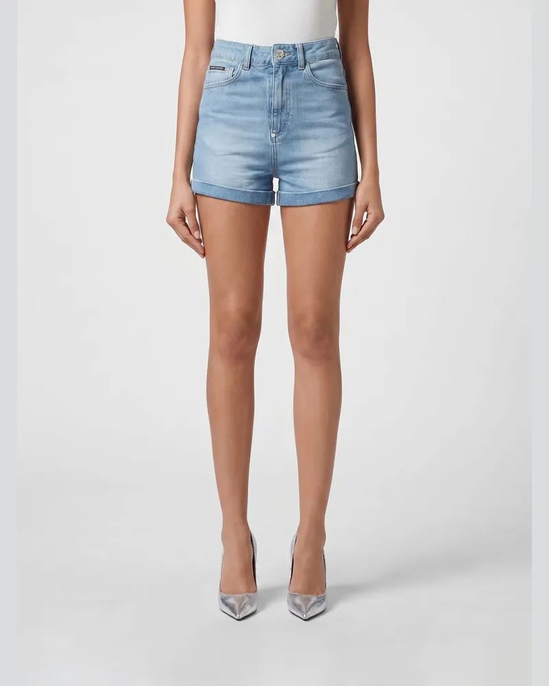 Philipp Plein Slim-Fit Jeansshorts mit hoher Taille im 5-Pocket-Stil Hellblau