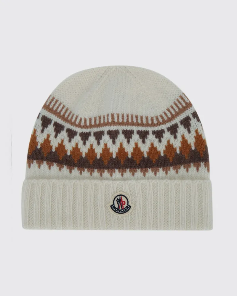 Moncler Gerippte Mütze von für Jungen aus Wolle und Kaschmir mit Umschlag und ethnischem Muster Cream