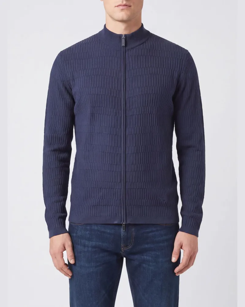 Emporio Armani Strickjacke von aus Schurwolle mit Reißverschluss und gesticktem Adler-Logo Blau