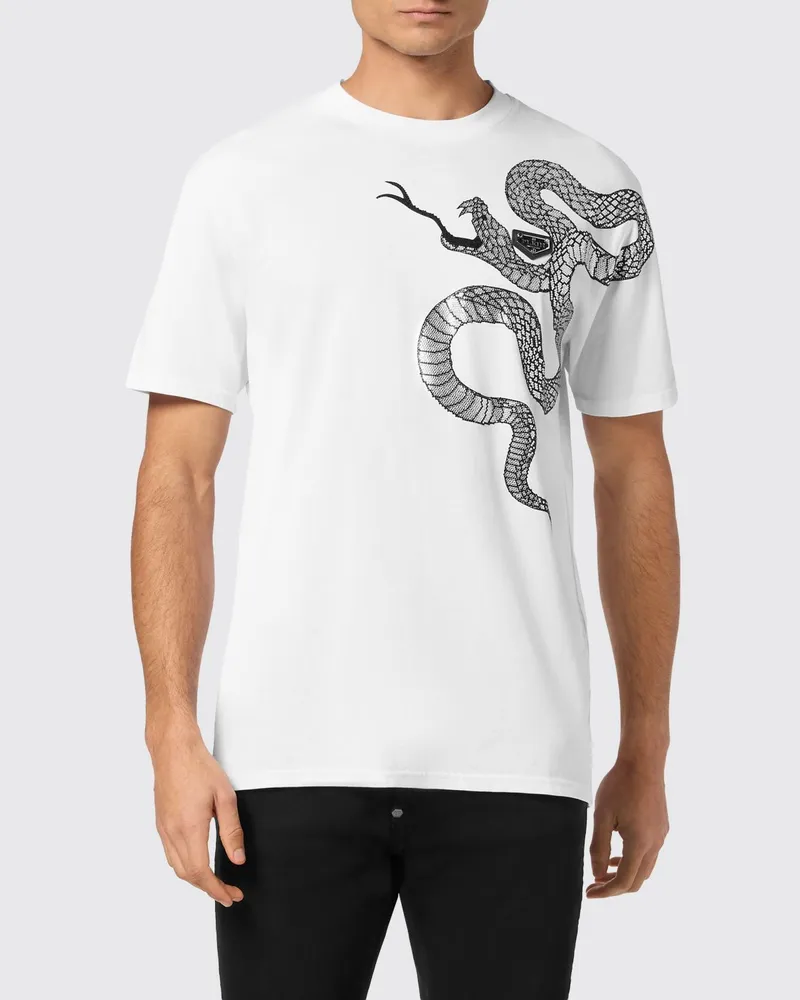 Philipp Plein Baumwoll-T-Shirt mit gesticktem Schlangen-Print Weiß