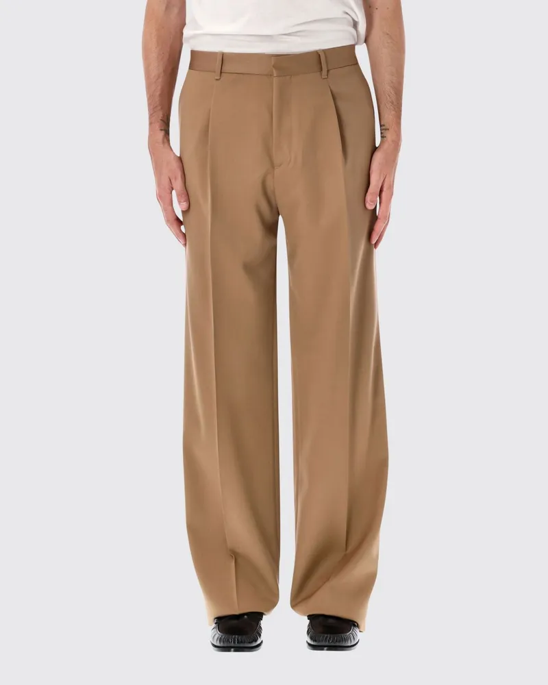 LARDINI Hose mit weitem Bein von aus reiner Schurwolle mit Abnähern und mittelhohem Bund Beige