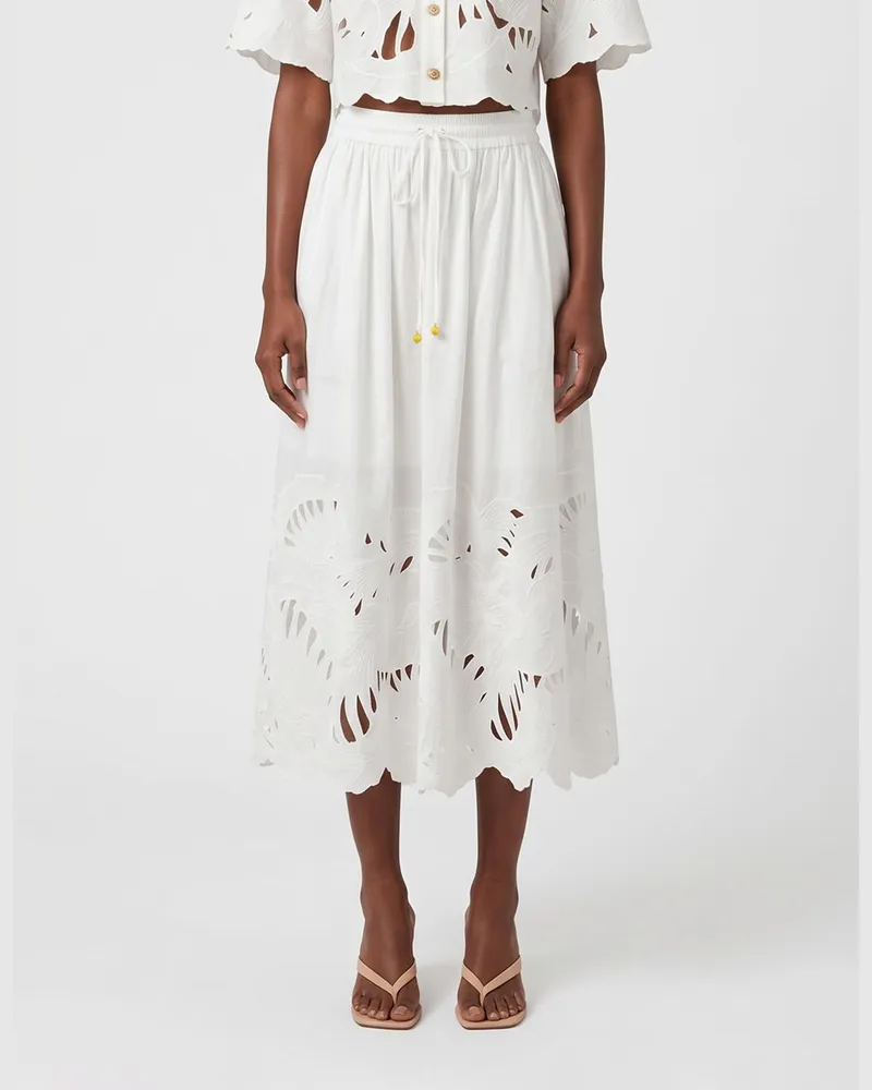 Zimmermann Mahon A-Linien-Midirock aus Baumwolle mit hohem Gummibund Ivory