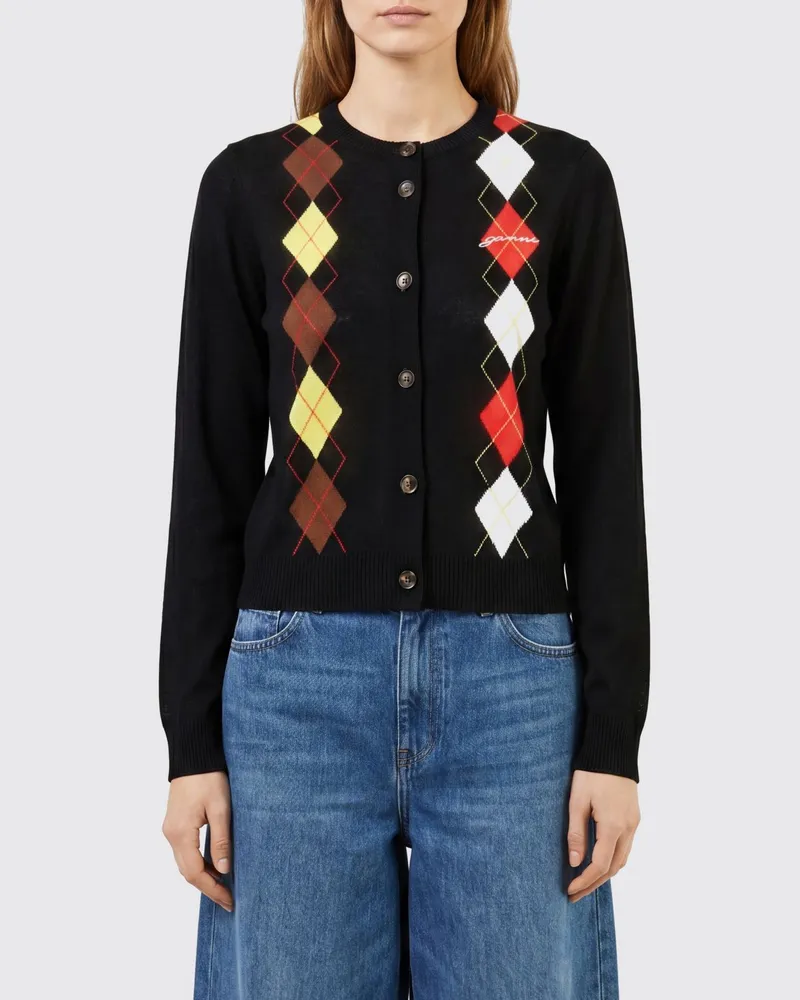 Ganni Slim-Fit-Cardigan aus Baumwolle mit Argyle-Muster Schwarz