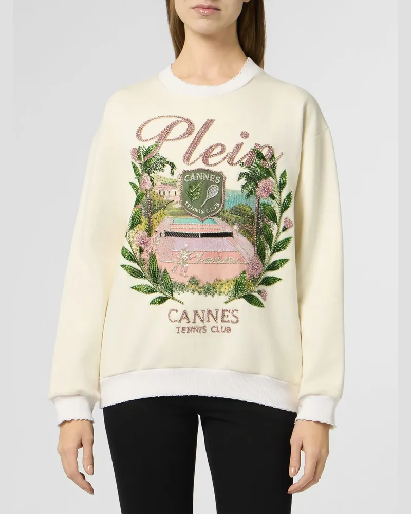 Philipp Plein Baumwoll-Sweatshirt von mit Rundhalsausschnitt, überschnittenen Schultern und Strass-Logo Weiß