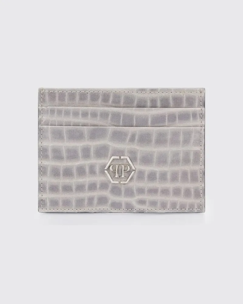 Philipp Plein Kartenetui aus Kalbsleder mit Krokodil-Print und Hexagon-Logo Grau