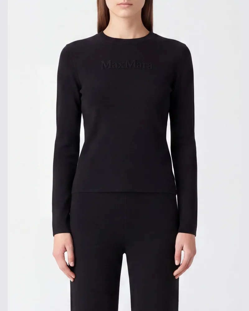 Max Mara Slim-Fit-Pullover aus reiner Schurwolle mit Rundhalsausschnitt und tonalem Logo Schwarz