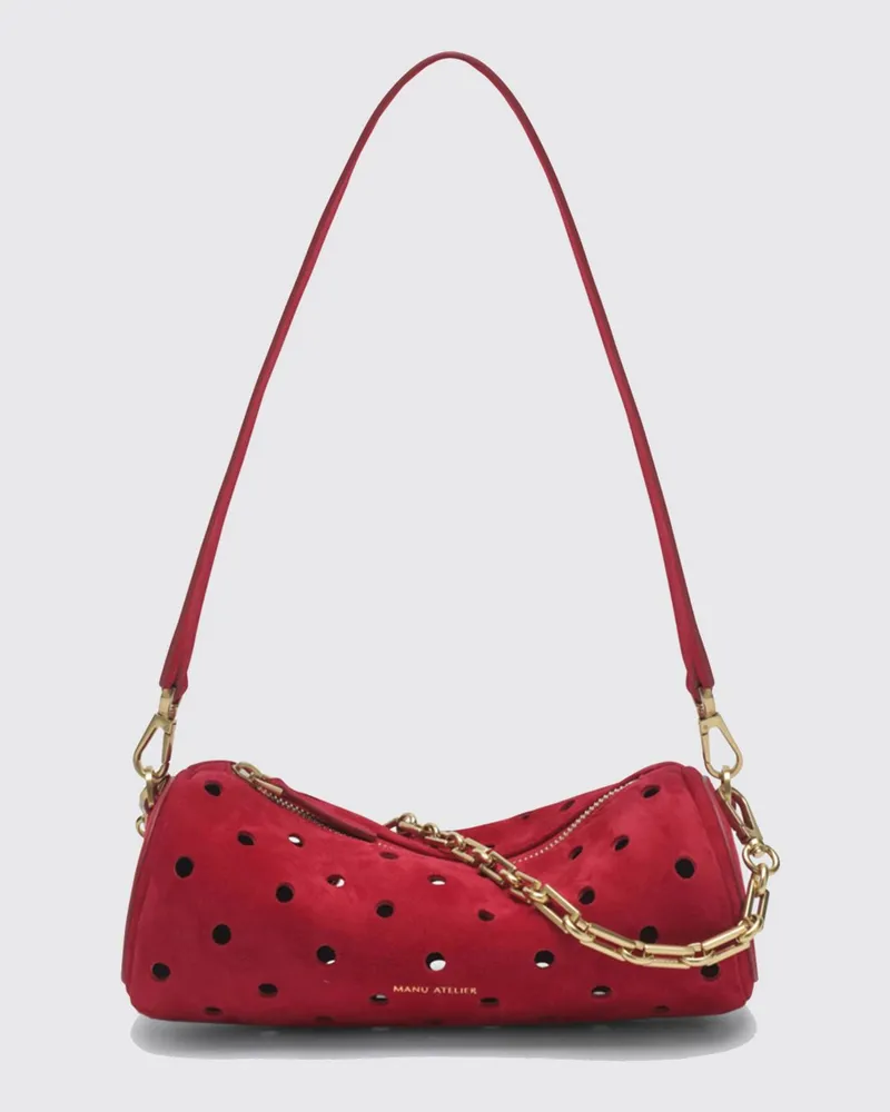 Manu Atelier Cylinder Schultertasche von aus Wildleder mit Polka-Dots und Kettengriff Rot