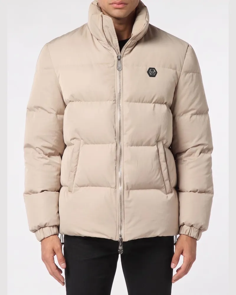 Philipp Plein Nylon Daunenjacke mit Logo und Slogan Beige