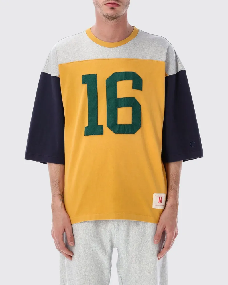 Champion Locker geschnittenes Baumwoll-T-Shirt mit abstraktem Print und Kontrastlogo Gelb