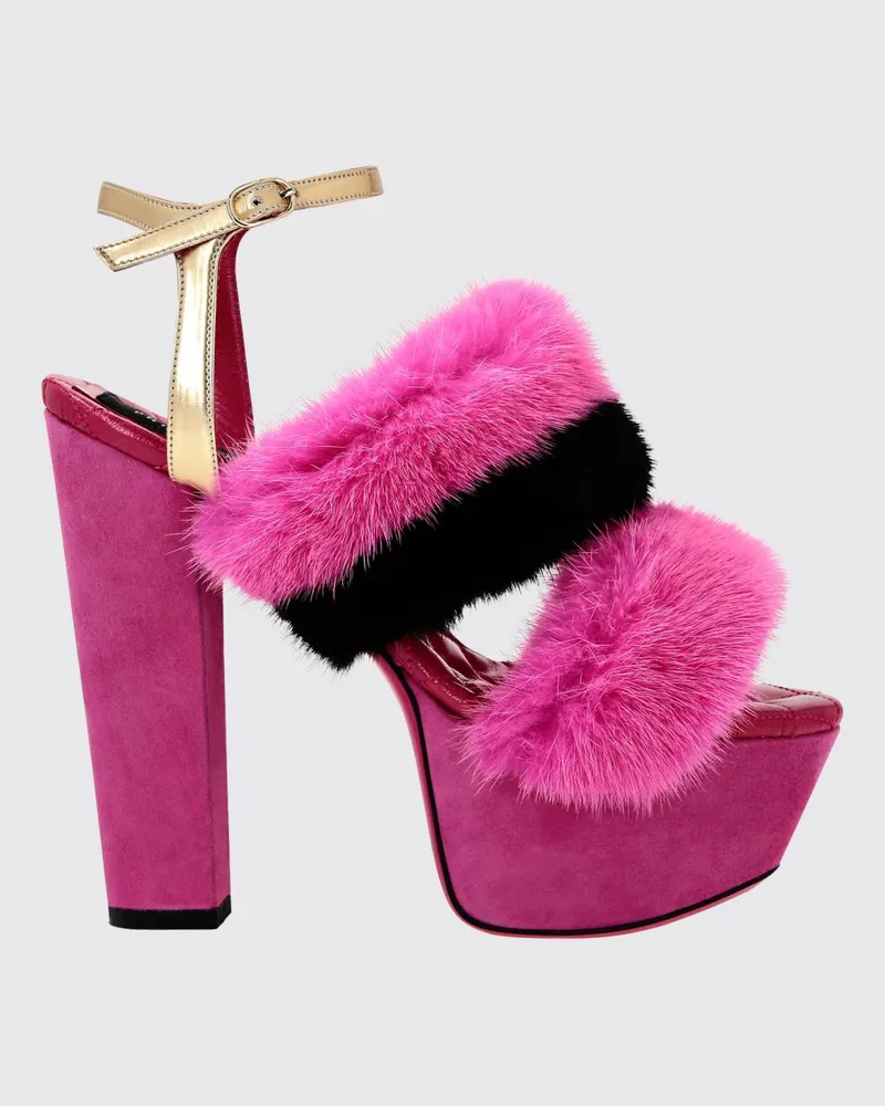 Philipp Plein Gestreifte Plateau-Sandalen aus Wildleder und Fell Fuchsia
