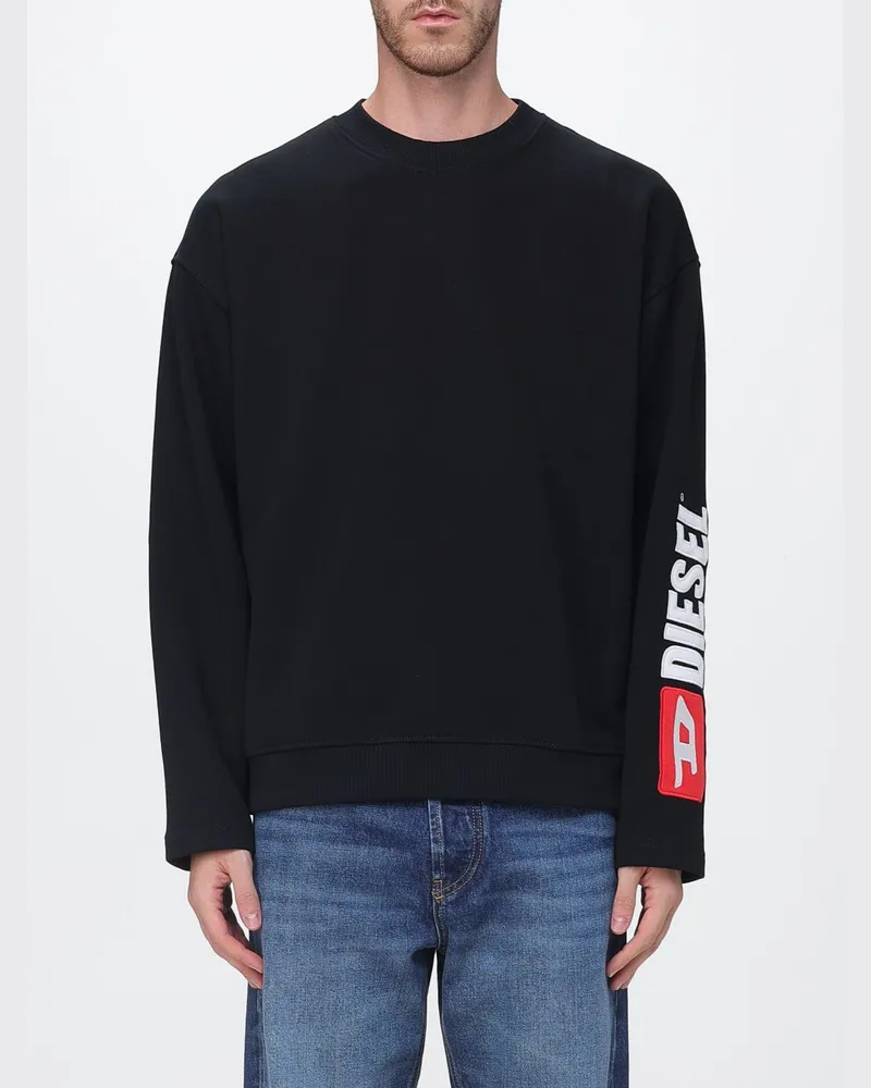 Diesel Langärmeliges Baumwoll-T-Shirt in Relaxed Fit mit Kontrastlogo Schwarz