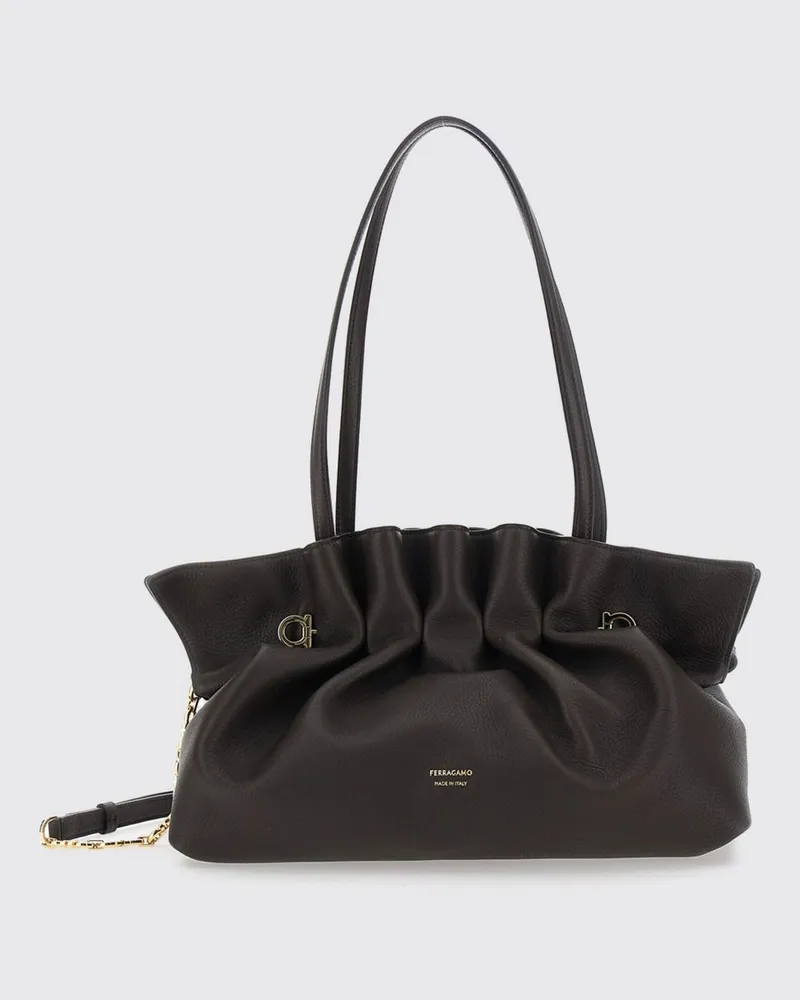 Ferragamo Soft Schultertasche aus drapiertem Lammleder mit doppeltem Henkel Braun