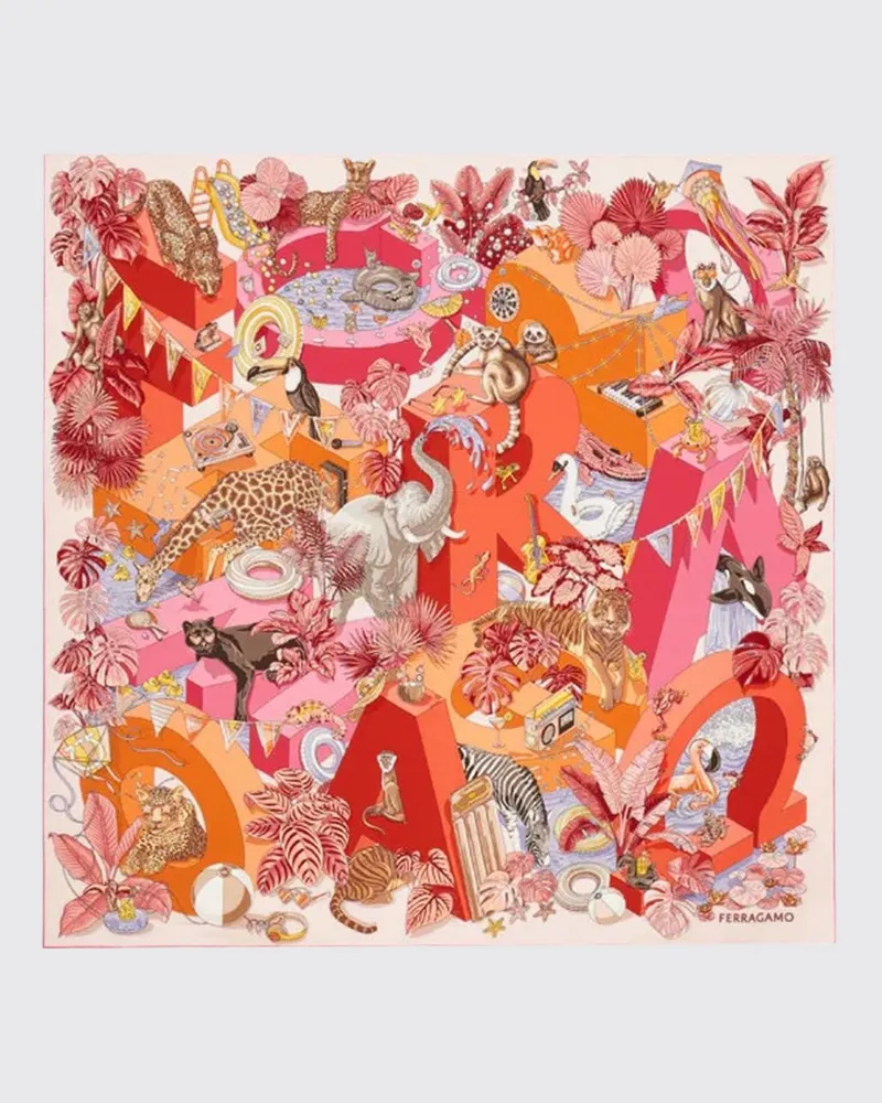 Ferragamo quadratischer Schal aus reiner Seide mit Blumen- und Fauna-Print Pink