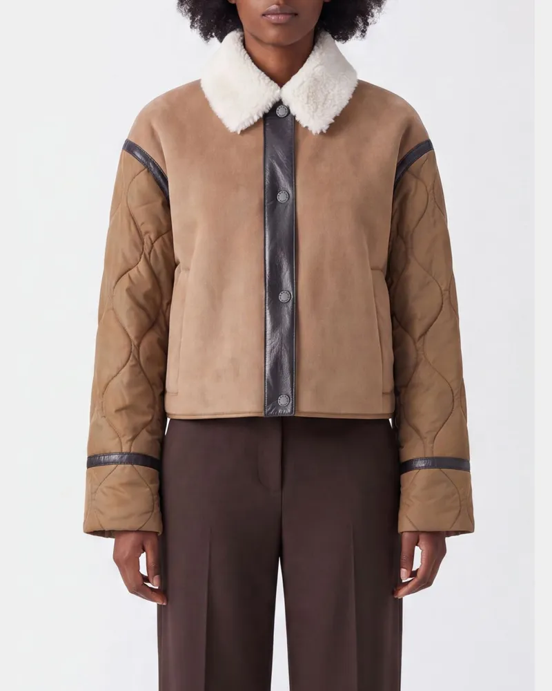 Max Mara Kurze Wildlederjacke mit Pelzkragen Braun