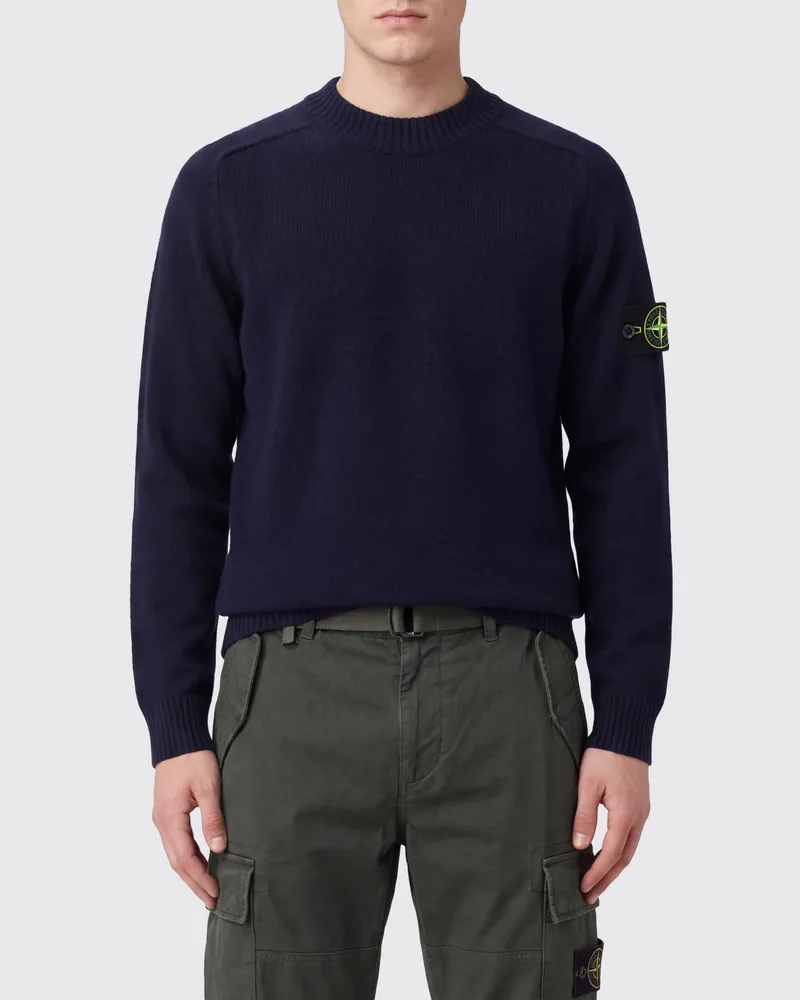 Stone Island Rundhalspullover aus Schurwolle mit Compass-Logo-Patch Blau