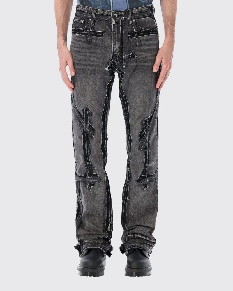 WHO DECIDES WAR Straight Jeans aus Distressed-Denim mit mittlerer Leibhöhe und Patchwork Denim