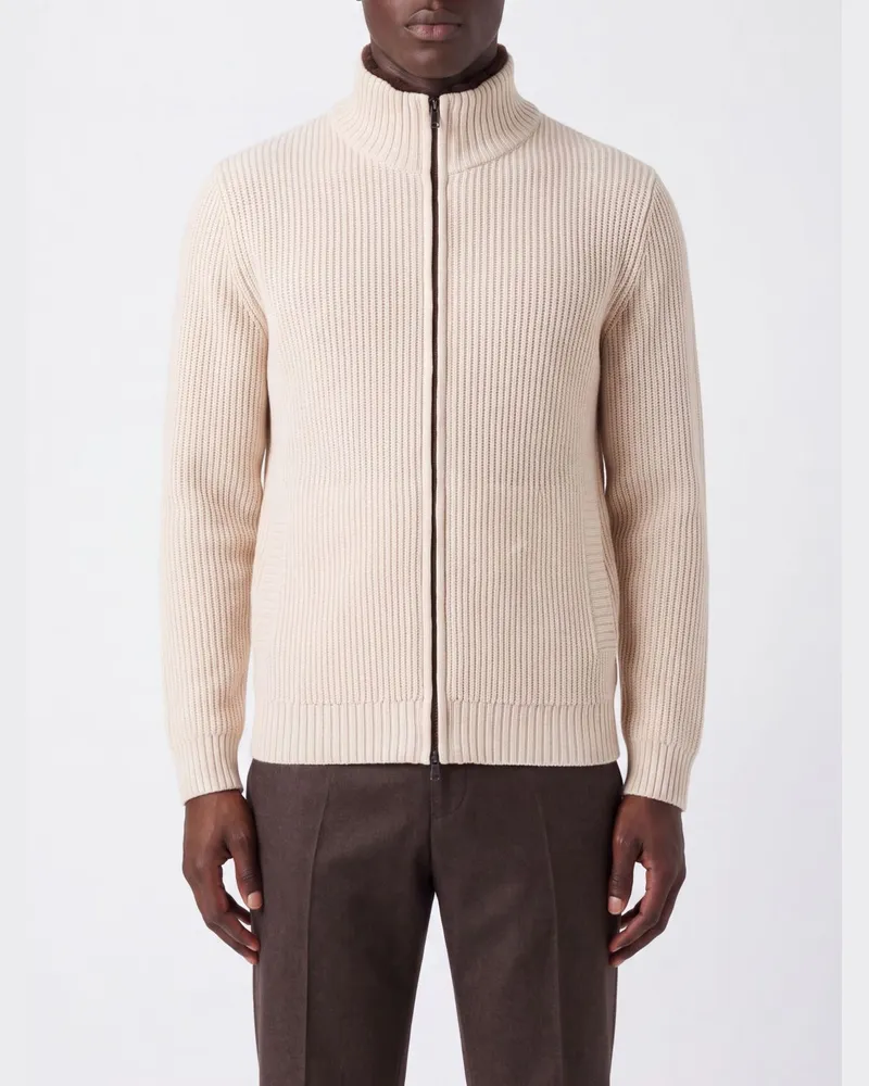 Herno Gerippter Cardigan aus reiner Wolle mit Stehkragen und Reißverschluss Weiß