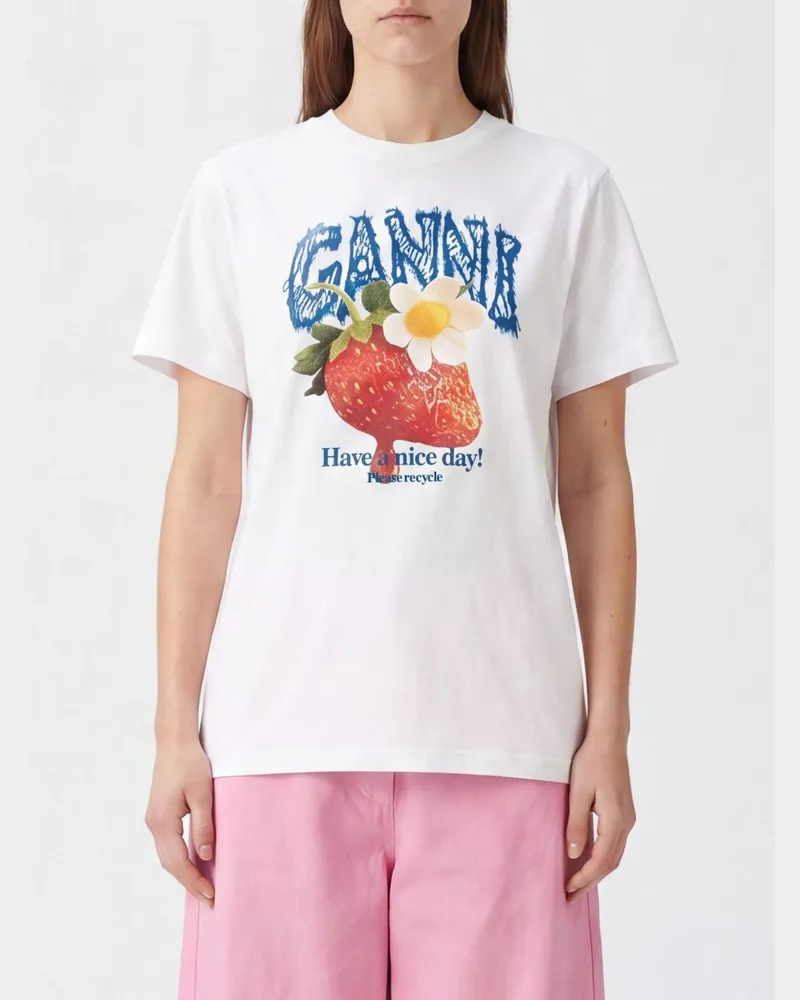 Ganni T-Shirt aus Baumwolle mit Grafikdruck und Kontrastlogo Weiß